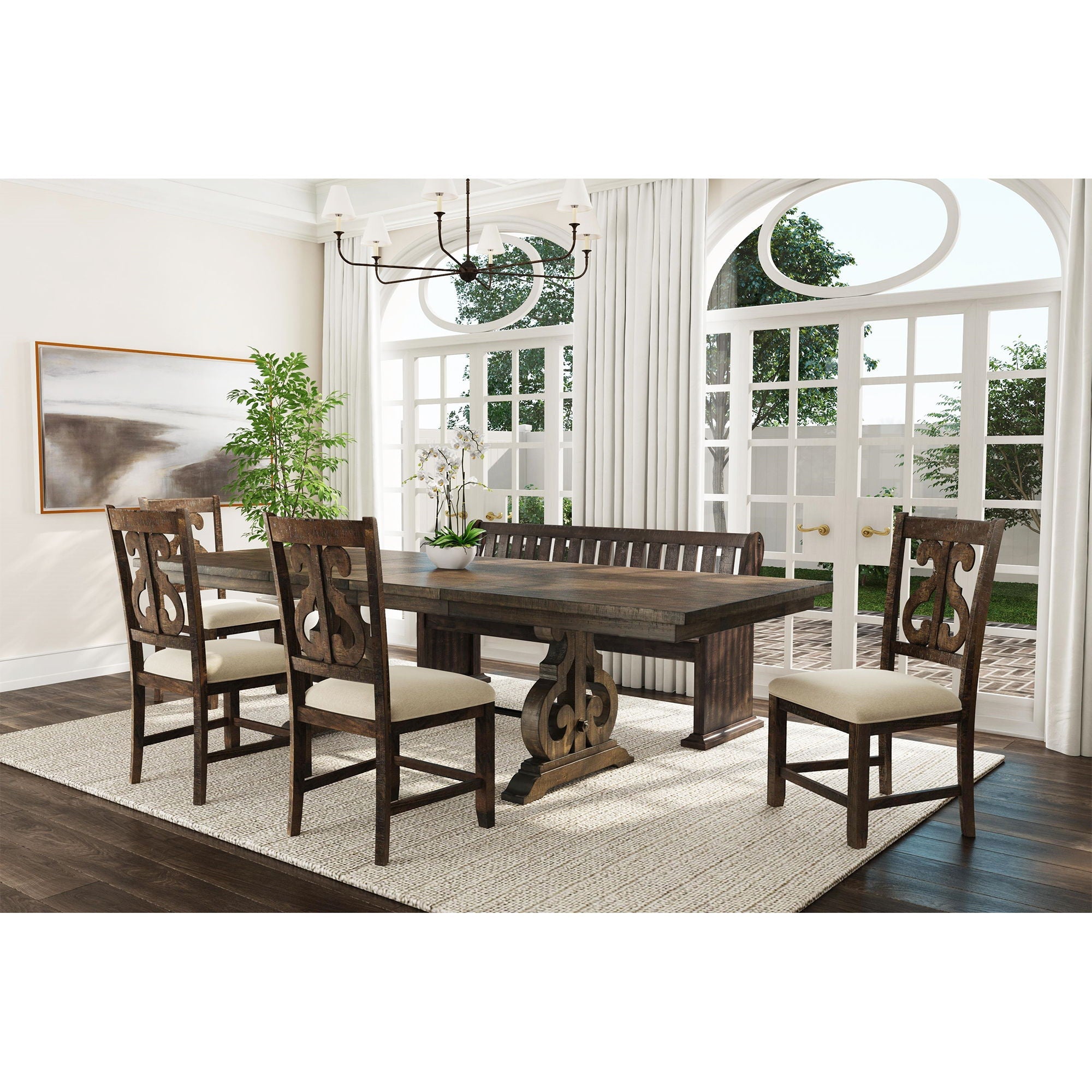 Stone - 6 Piece Dining Set Table & 4 Wooden Swril Back Side Chairs & Pew Bench - Charcoal - Stylish Home Furniture
