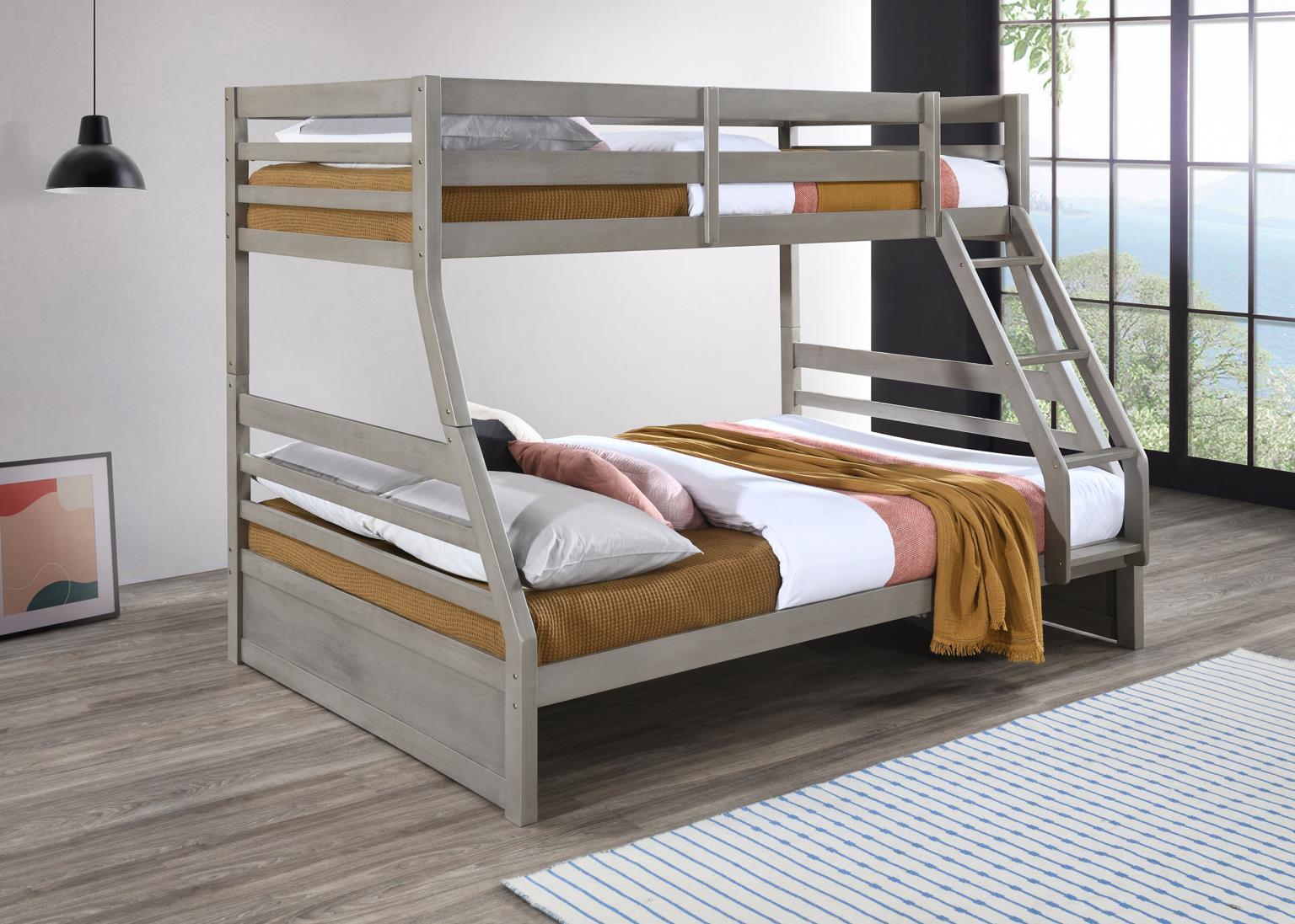 S090 - Twin / Full Bunk Bed - Light Gray - Stylish Home Furniture