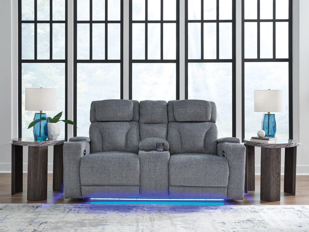Studio Cave - Power Reclining Loveseat with Console - Steel - Stylish Home Furniture