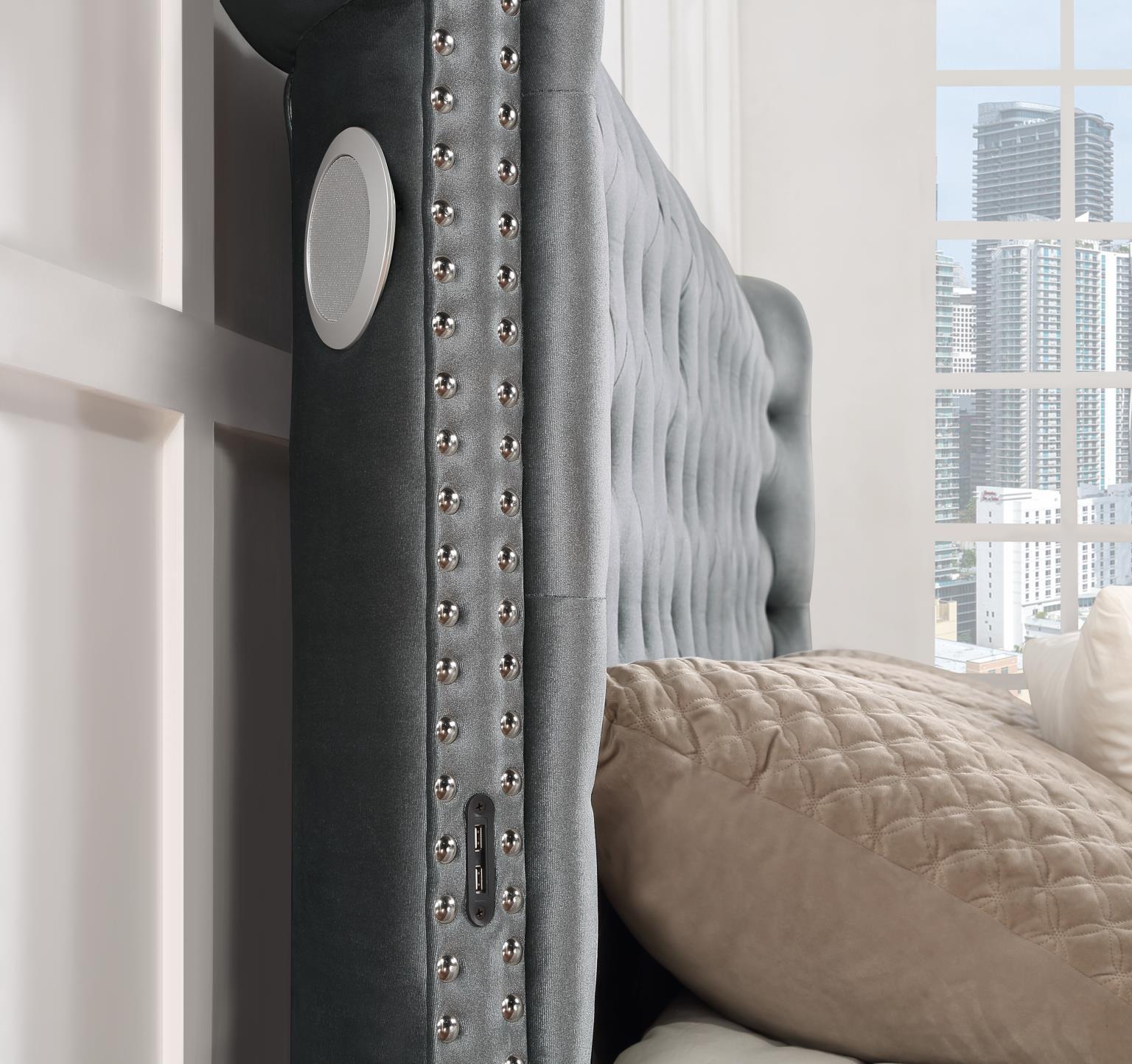 B546 - Velvet Queen Bed With Bluetooth Speaker & USB - Gray - Stylish Home Furniture