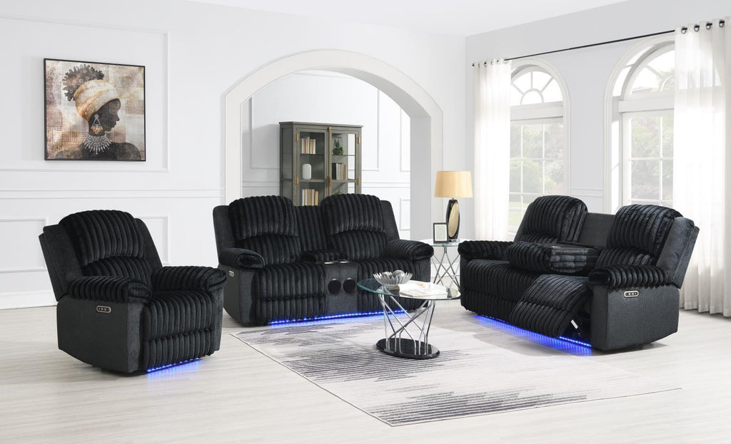 U161 - Corduroy Power LED Reclining Loveseat With Bluetooth Speaker - Black - Stylish Home Furniture