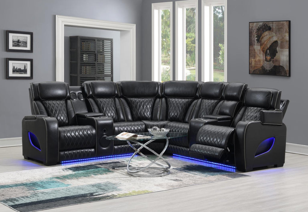 U10 - 3 Piece Power LED Sectional, Power Headrest, Heat, Massage Wireless Charger, And USB - Black - Stylish Home Furniture