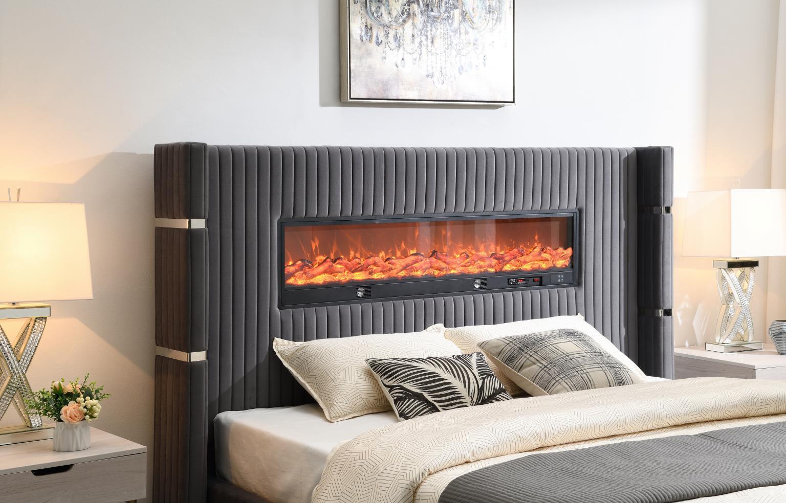 B544 - Velvet Bed With Fireplace & Bluetooth Speaker & USB - Stylish Home Furniture