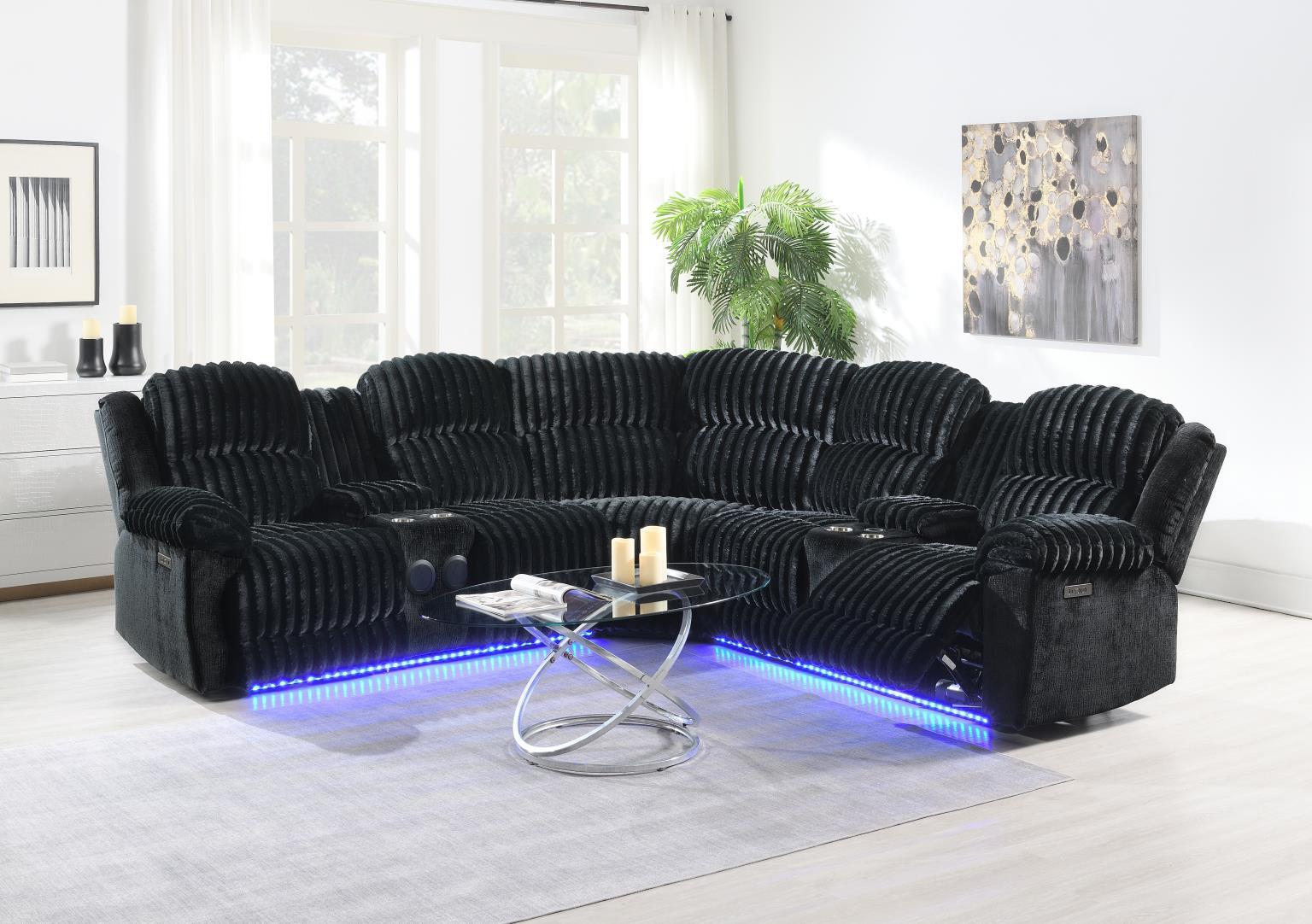 U60 - Corduroy Power 3 Piece Sectional With Bluetooth Speaker, And Wireless Charger - Black - Stylish Home Furniture