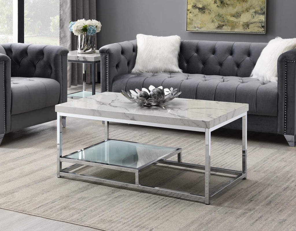 T111 - Chrome Coffee Table & 2 End Tables - White - Stylish Home Furniture