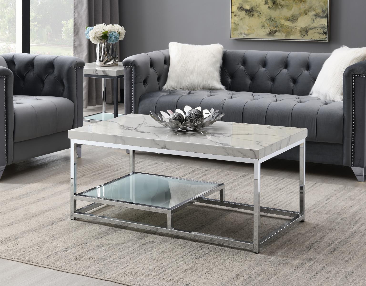 T111 - Chrome Coffee Table & 2 End Tables - White - Stylish Home Furniture