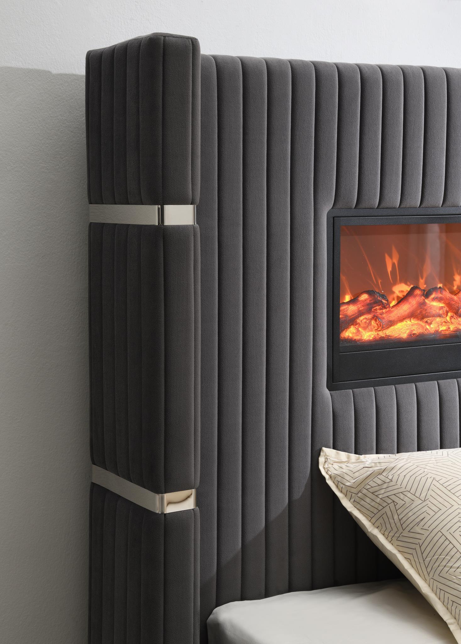 B543 - Velvet Bed With Fireplace & Bluetooth Speaker & USB - Stylish Home Furniture