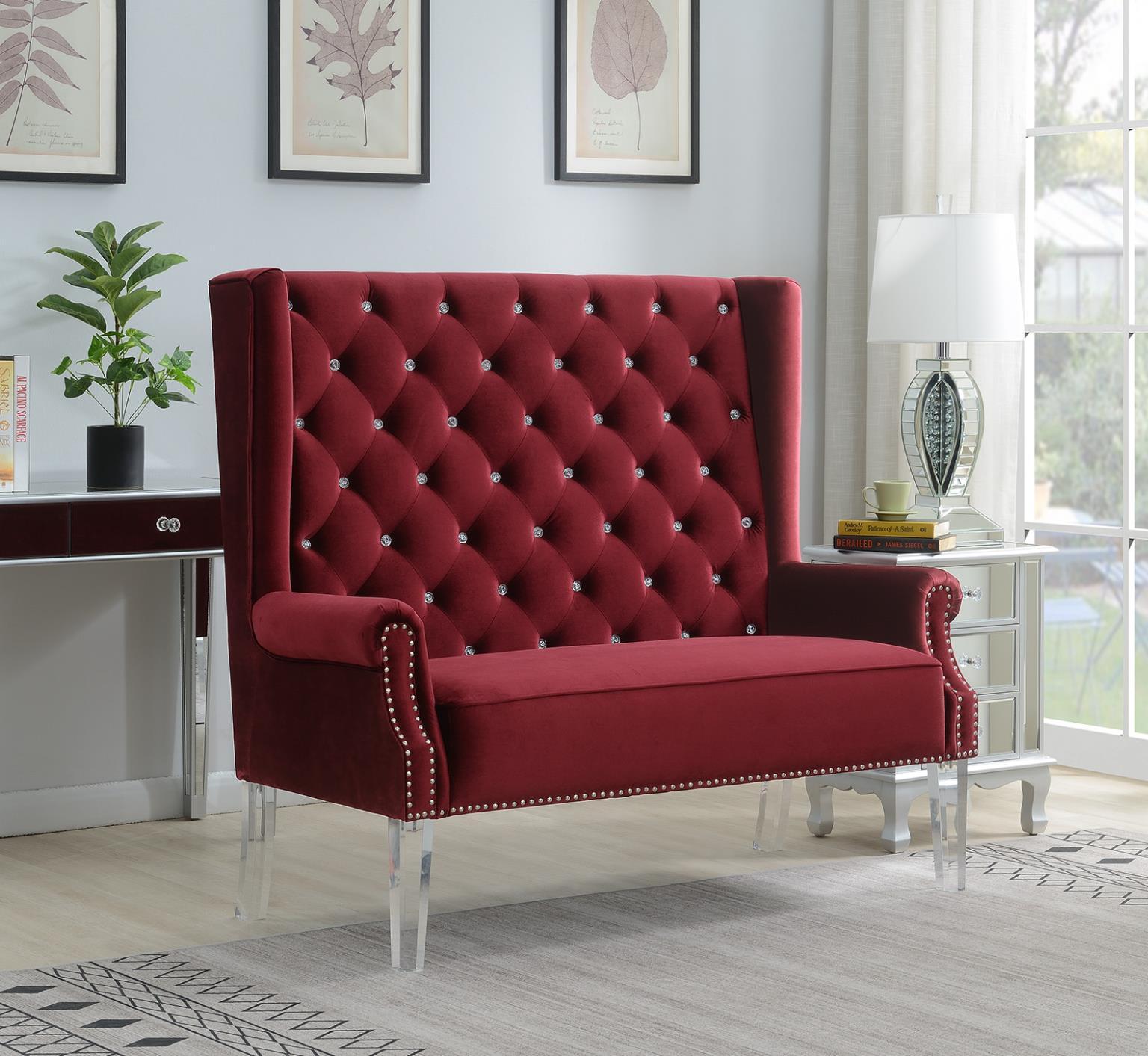 D2095 - High Back Velvet Wing Bench With Acrylic Legs - Stylish Home Furniture