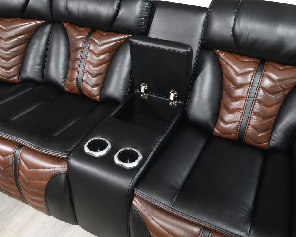 U56 - 3 Piece Power Sectional With Bluetooth Speaker, And Wireless Charger, Multi Color LED - Black / Brown - Stylish Home Furniture