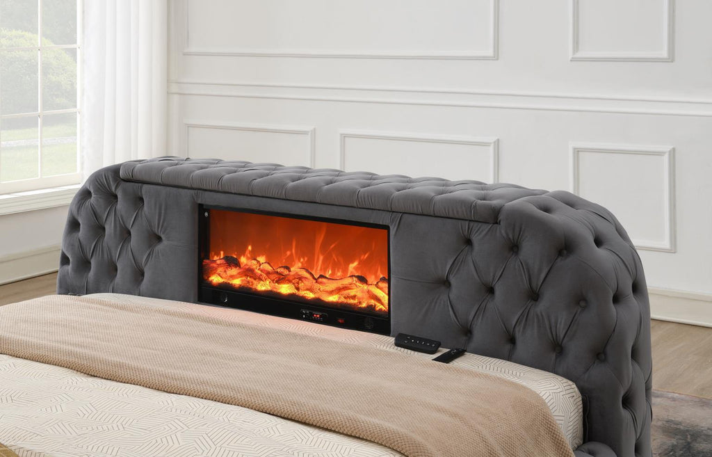 B541 - Velvet Bed With Fireplace, TV Mount & Bluetooth Speaker & USB - Stylish Home Furniture