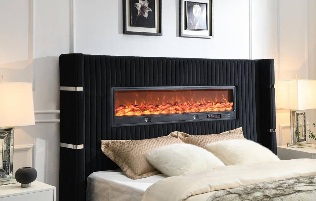 B543 - Velvet Bed With Fireplace & Bluetooth Speaker & USB - Stylish Home Furniture