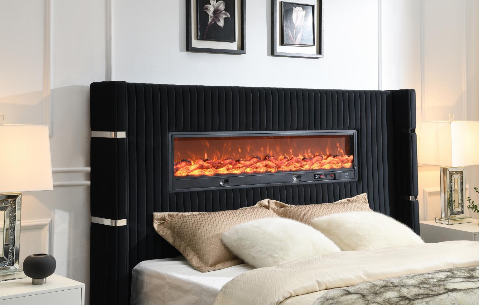 B543 - Velvet Bed With Fireplace & Bluetooth Speaker & USB - Stylish Home Furniture