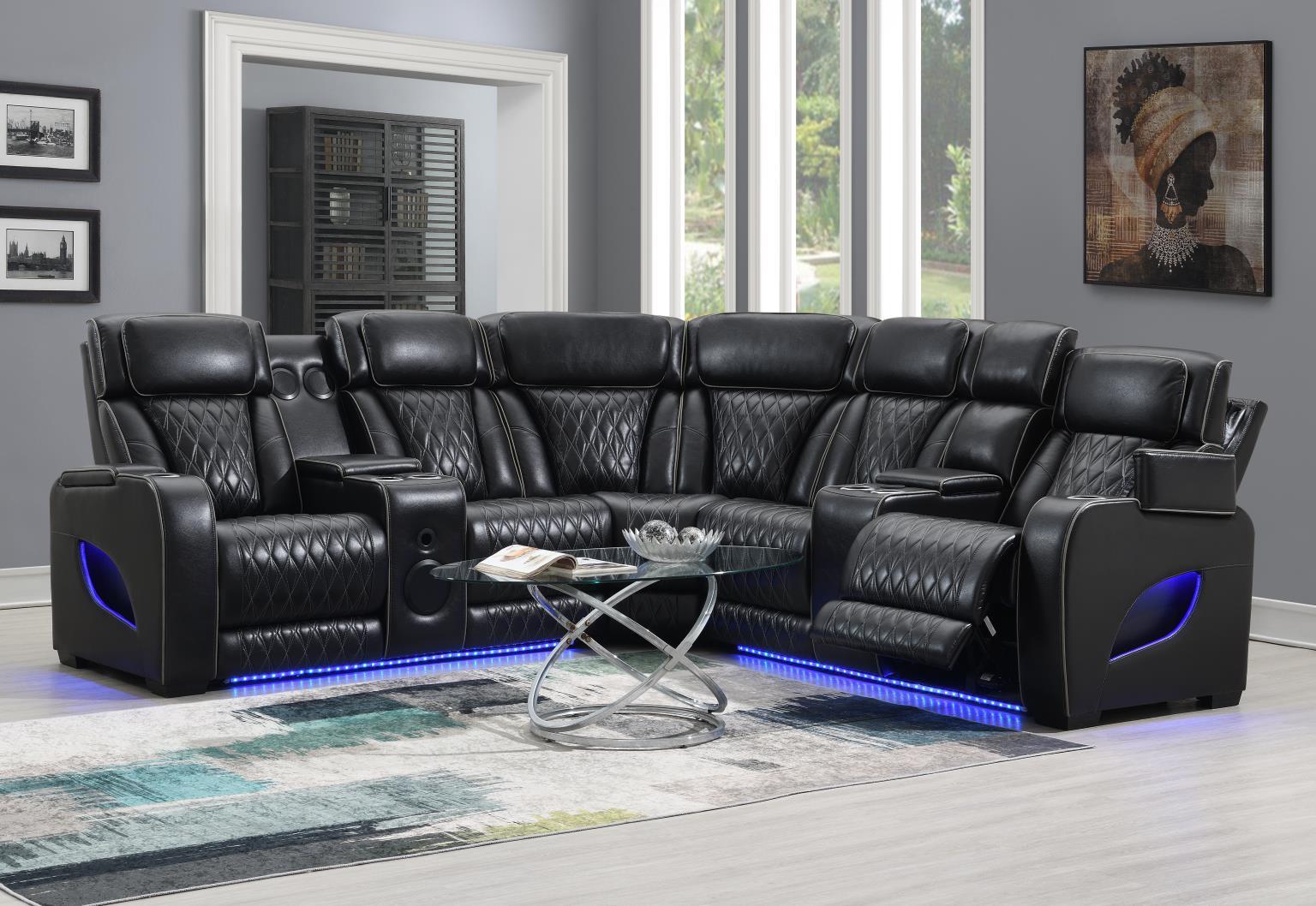 U10 - 3 Piece Power LED Sectional, Power Headrest, Heat, Massage Wireless Charger, And USB - Black - Stylish Home Furniture