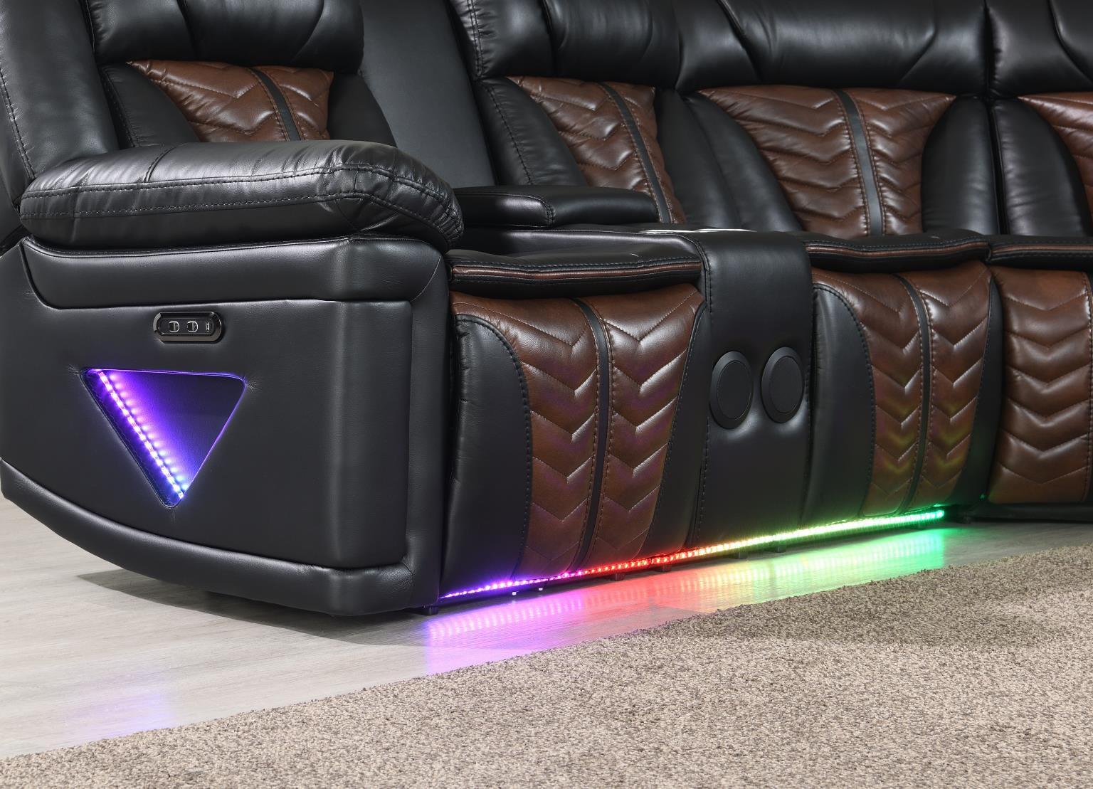 U56 - 3 Piece Power Sectional With Bluetooth Speaker, And Wireless Charger, Multi Color LED - Black / Brown - Stylish Home Furniture