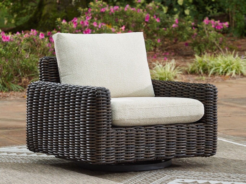 Kimora - 7 Pc. - 4-Piece Outdoor Sectional, Swivel Glider Lounge, Cocktail Table, End Table - Beige / Dark Brown - Stylish Home Furniture