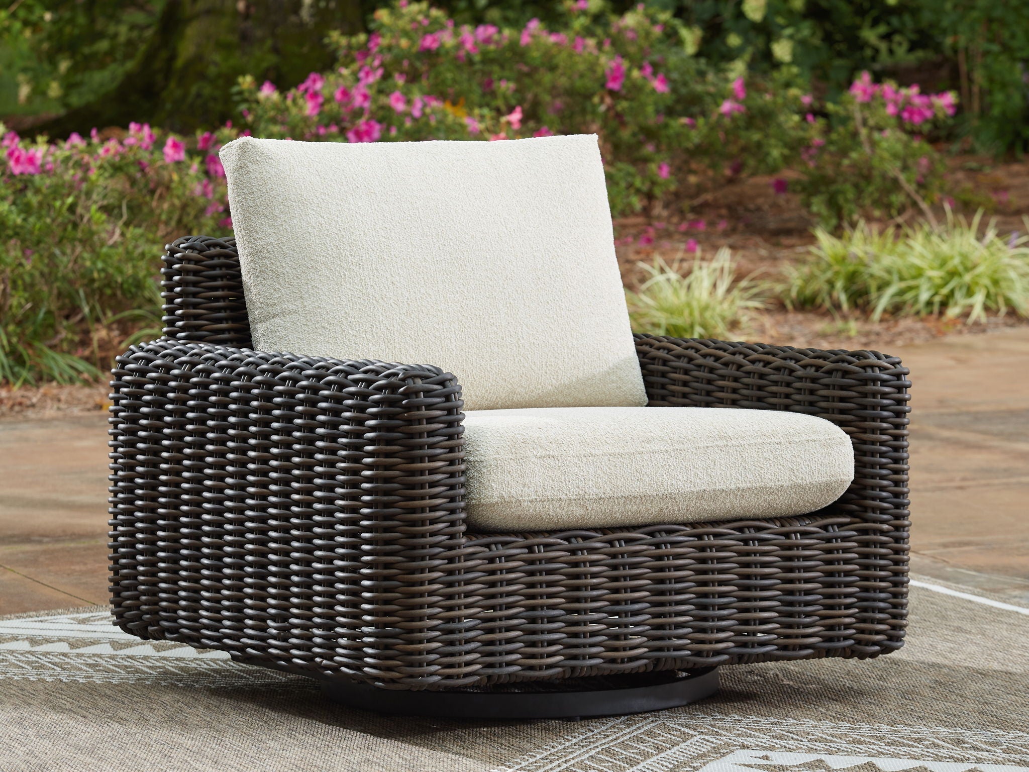 Kimora - 7 Pc. - 4-Piece Outdoor Sectional, Swivel Glider Lounge, Cocktail Table, End Table - Beige / Dark Brown - Stylish Home Furniture