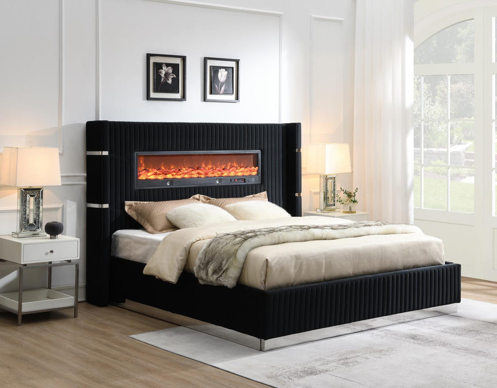 B543 - Velvet Bed With Fireplace & Bluetooth Speaker & USB - Stylish Home Furniture