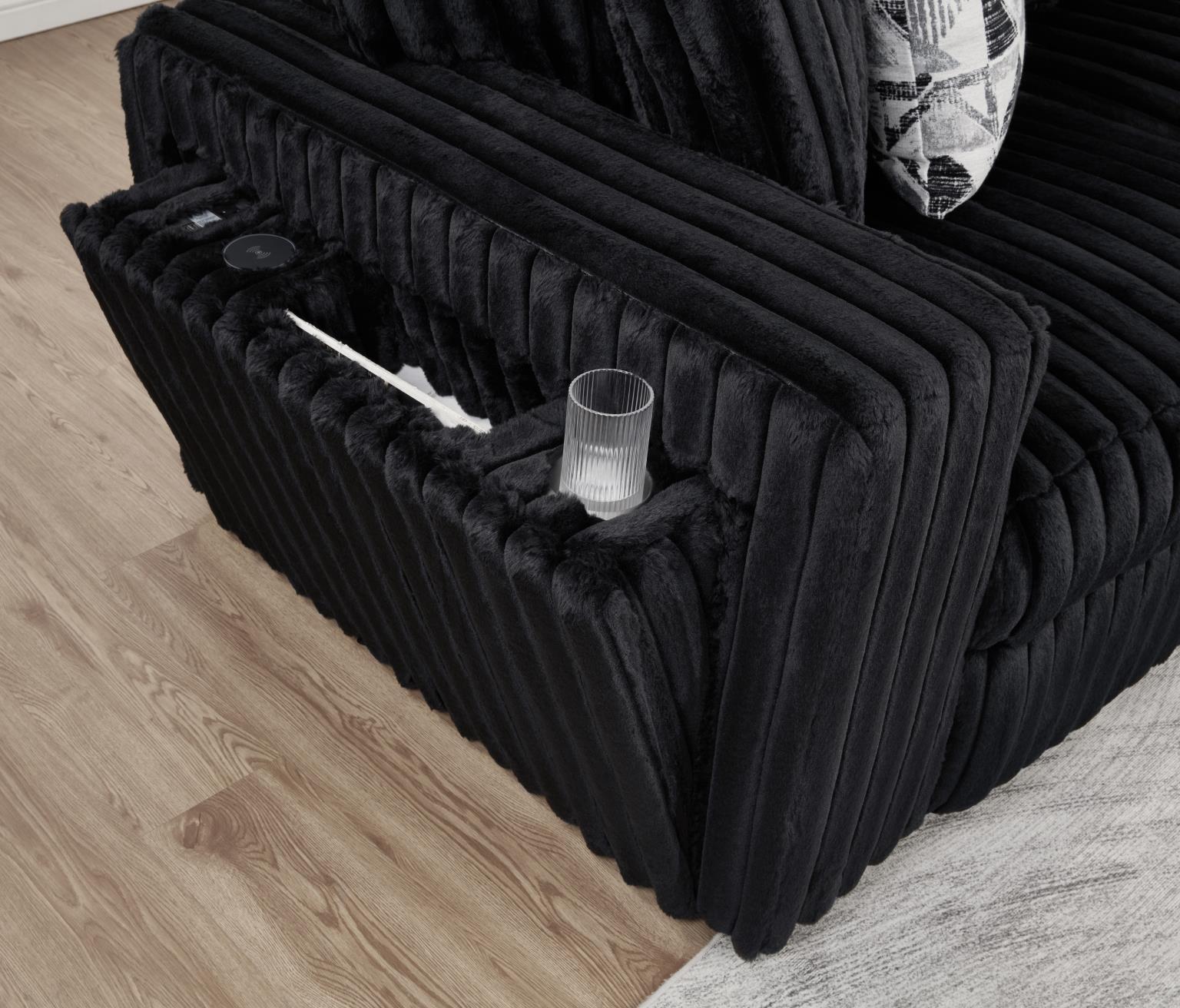 U259 - Corduroy Power Reclining 4 Piece Sectional With 2 Wireless Charger - Black - Stylish Home Furniture