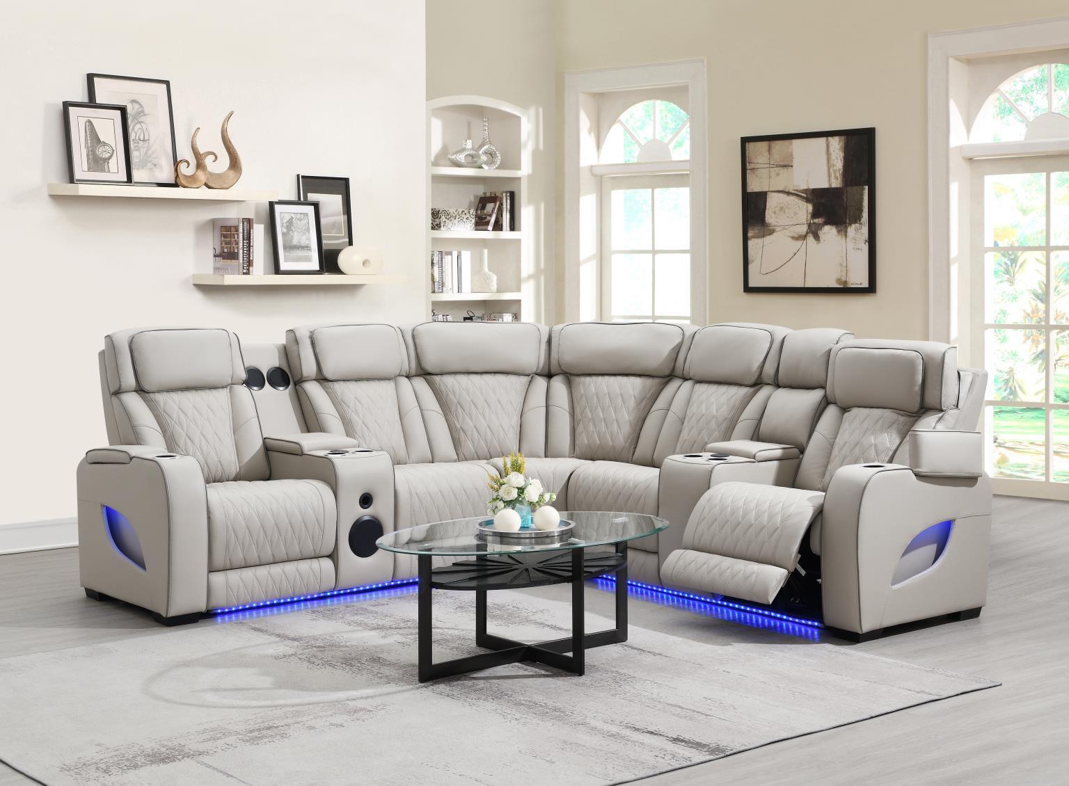 U11 - 3 Piece Power LED Sectional, Power Headrest, Heat, Massage Wireless Charger, And USB - Gray - Stylish Home Furniture
