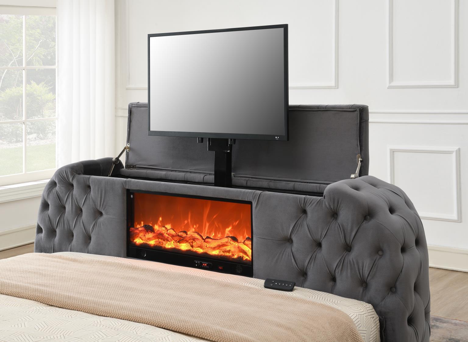 B541 - Velvet Bed With Fireplace, TV Mount & Bluetooth Speaker & USB - Stylish Home Furniture