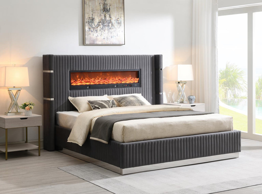 B544 - Velvet Bed With Fireplace & Bluetooth Speaker & USB - Stylish Home Furniture