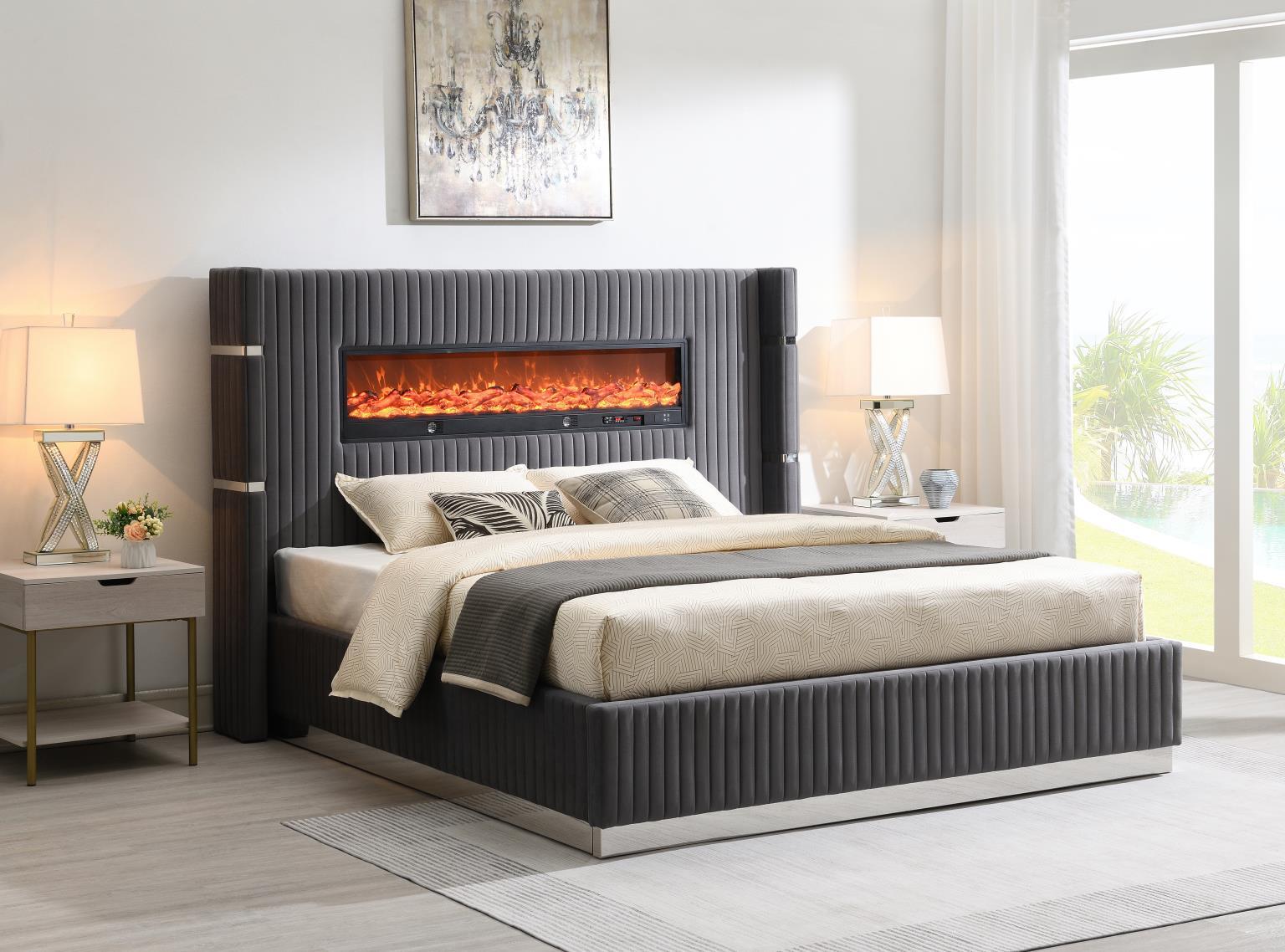 B544 - Velvet Bed With Fireplace & Bluetooth Speaker & USB - Stylish Home Furniture
