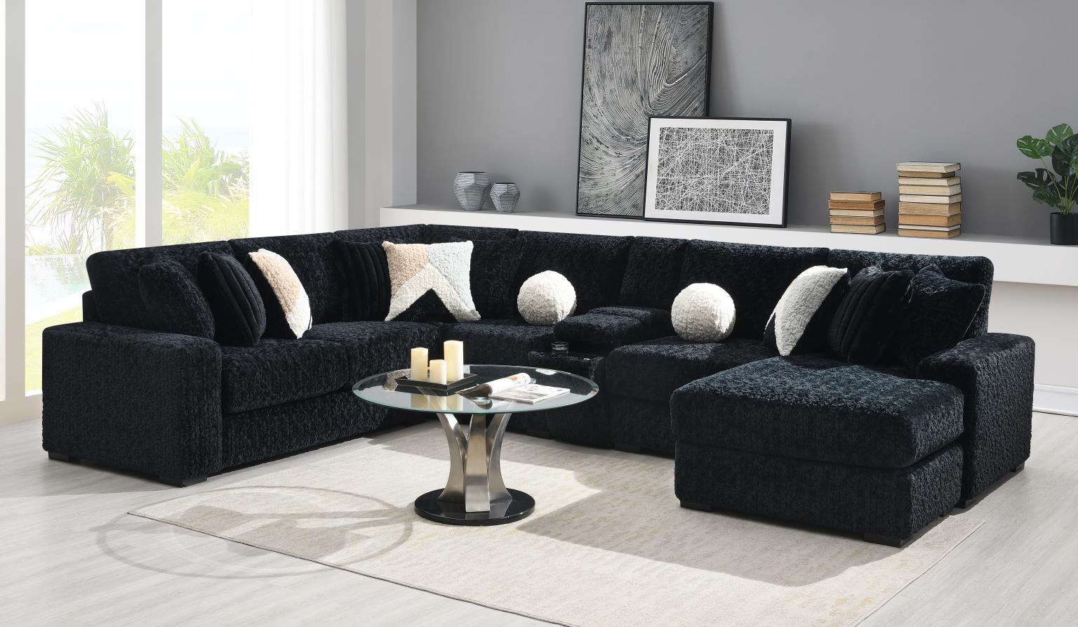 U281 - 6 Piece Setional With Right Chaise (1 LAF + 1 Wedge + 2 Armless Chair + 1 Console + 1 RAF Chaise) - Black - Stylish Home Furniture