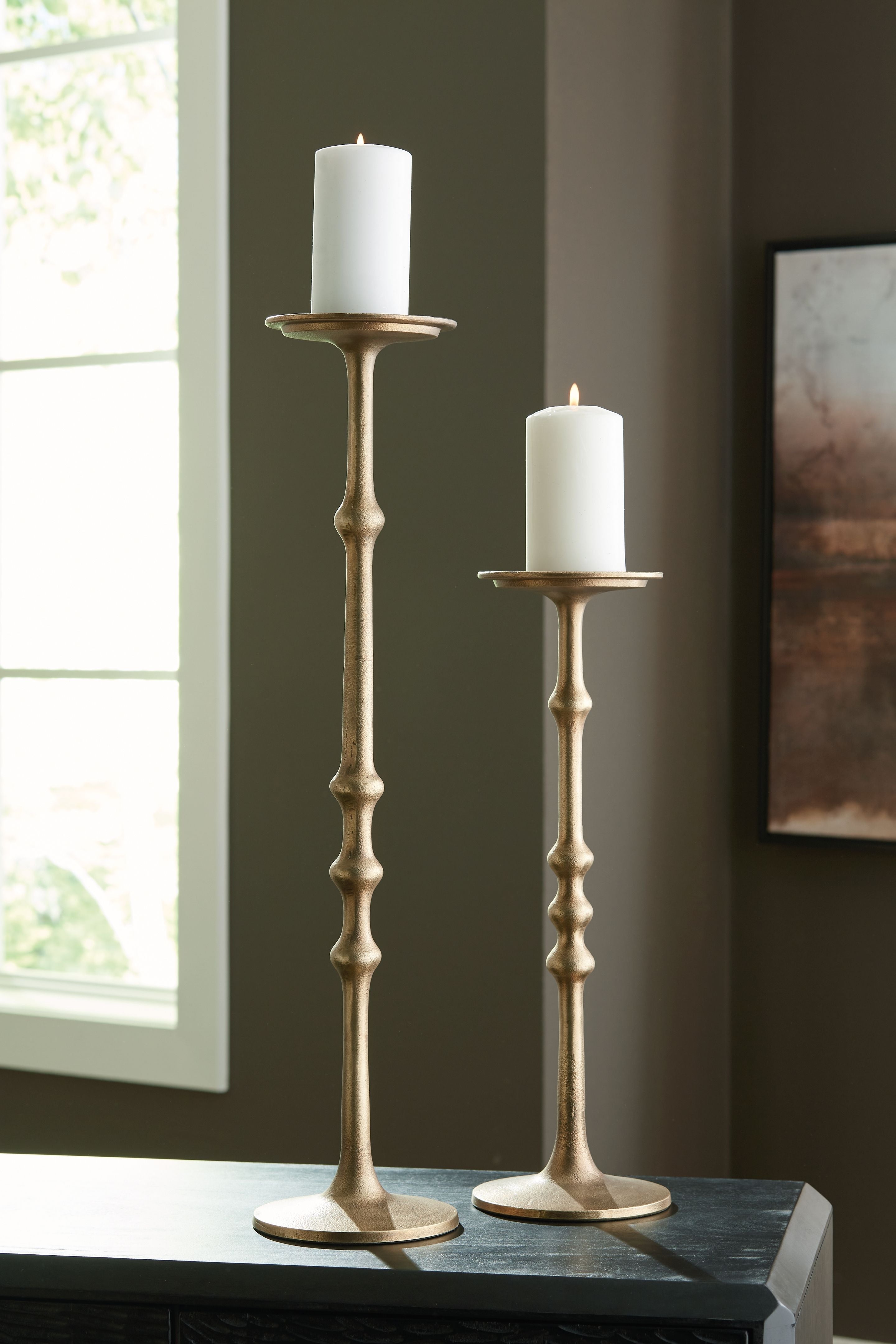 Larwick - Candle Holder Set (Set of 2) - Antique Brass Finish - Stylish Home Furniture