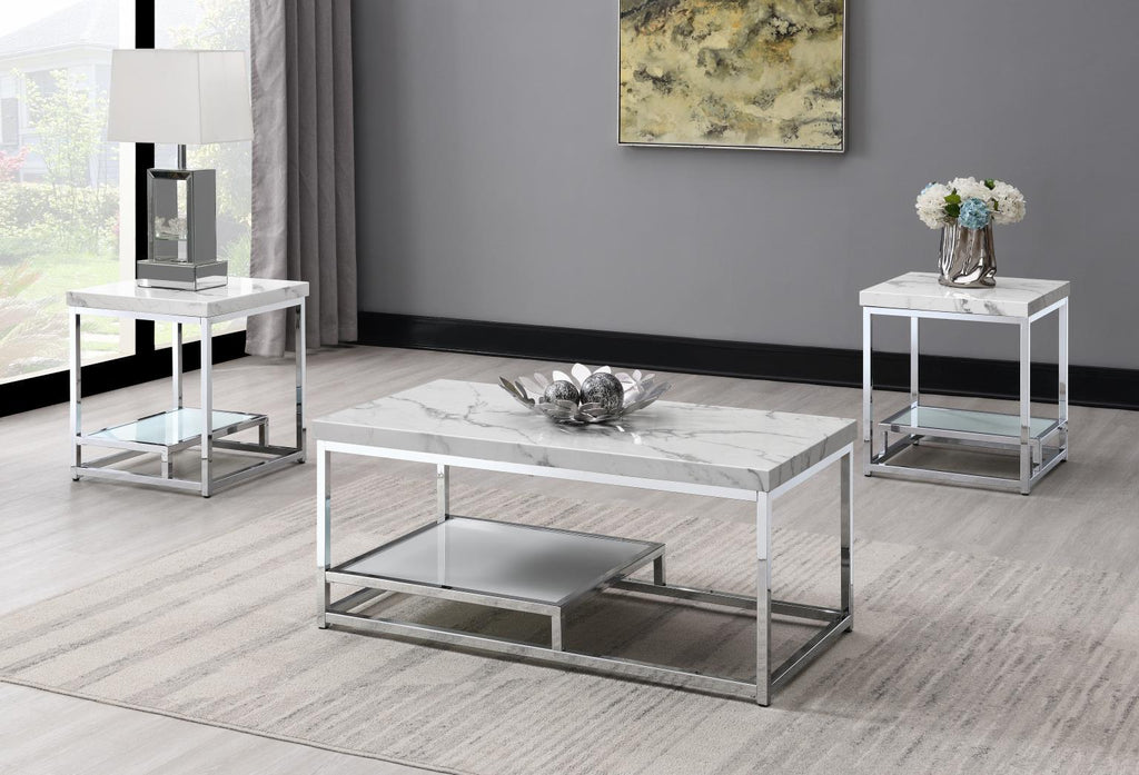 T111 - Chrome Coffee Table & 2 End Tables - White - Stylish Home Furniture