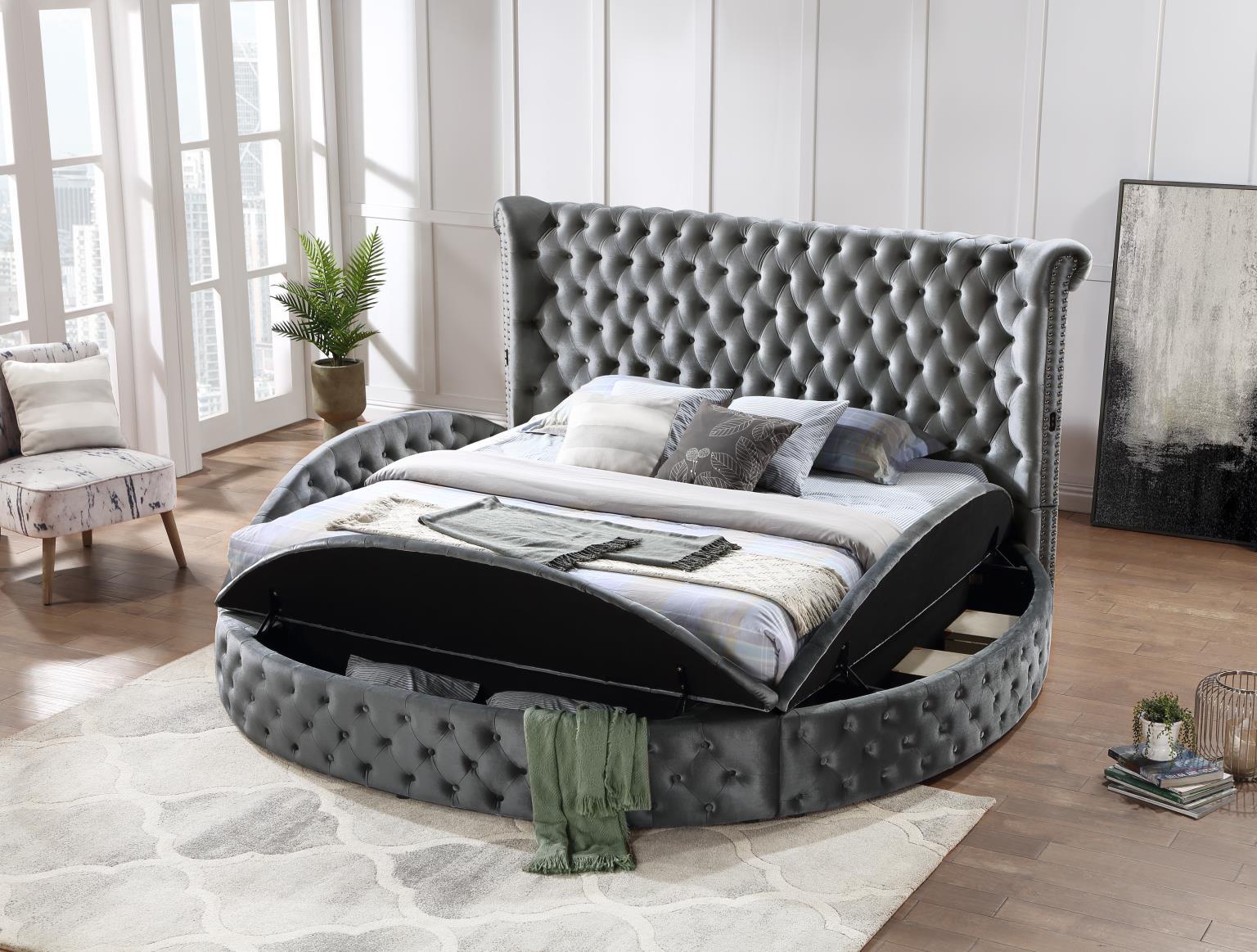 B546 - Velvet Queen Bed With Bluetooth Speaker & USB - Gray - Stylish Home Furniture