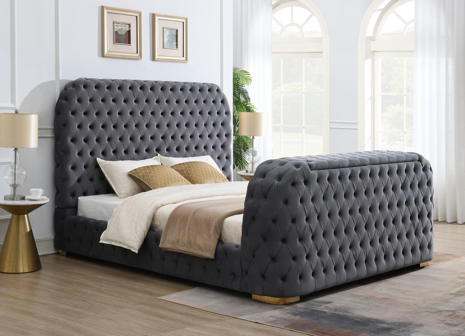 B541 - Velvet Bed With Fireplace, TV Mount & Bluetooth Speaker & USB - Stylish Home Furniture