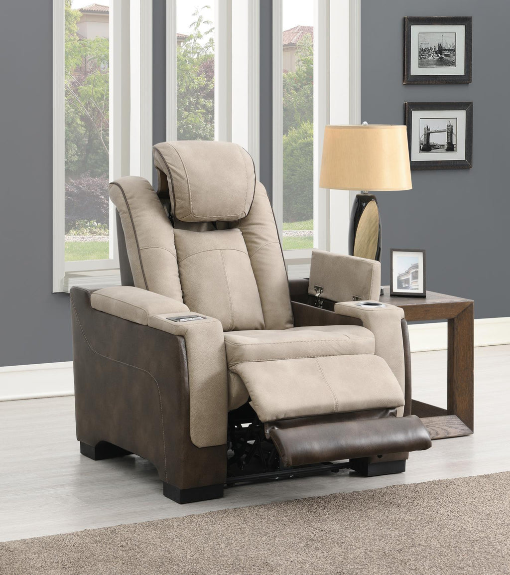 U78 - Power Reclining Chair With Power Headrest, Storage Arms / USB And Wireless Charger - Sand / Brown - Stylish Home Furniture