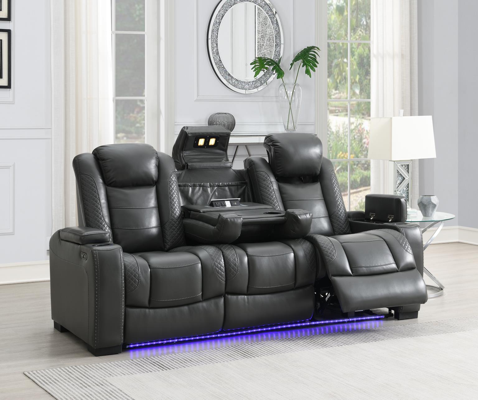 U93 - LED Power Reclining With Power Headrest, And Drop Down Table Sofa - Gray - Stylish Home Furniture