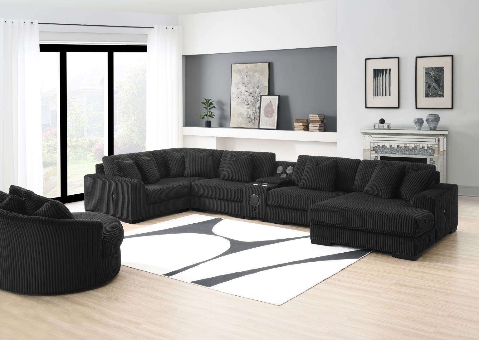 U242 - 7 Piece Setional With Right Chaise (1 RAF Chaise + 3 Armless Chair + 1 LAF + 1 Wedge + 1 Console) - Without Ottoman - Black - Stylish Home Furniture