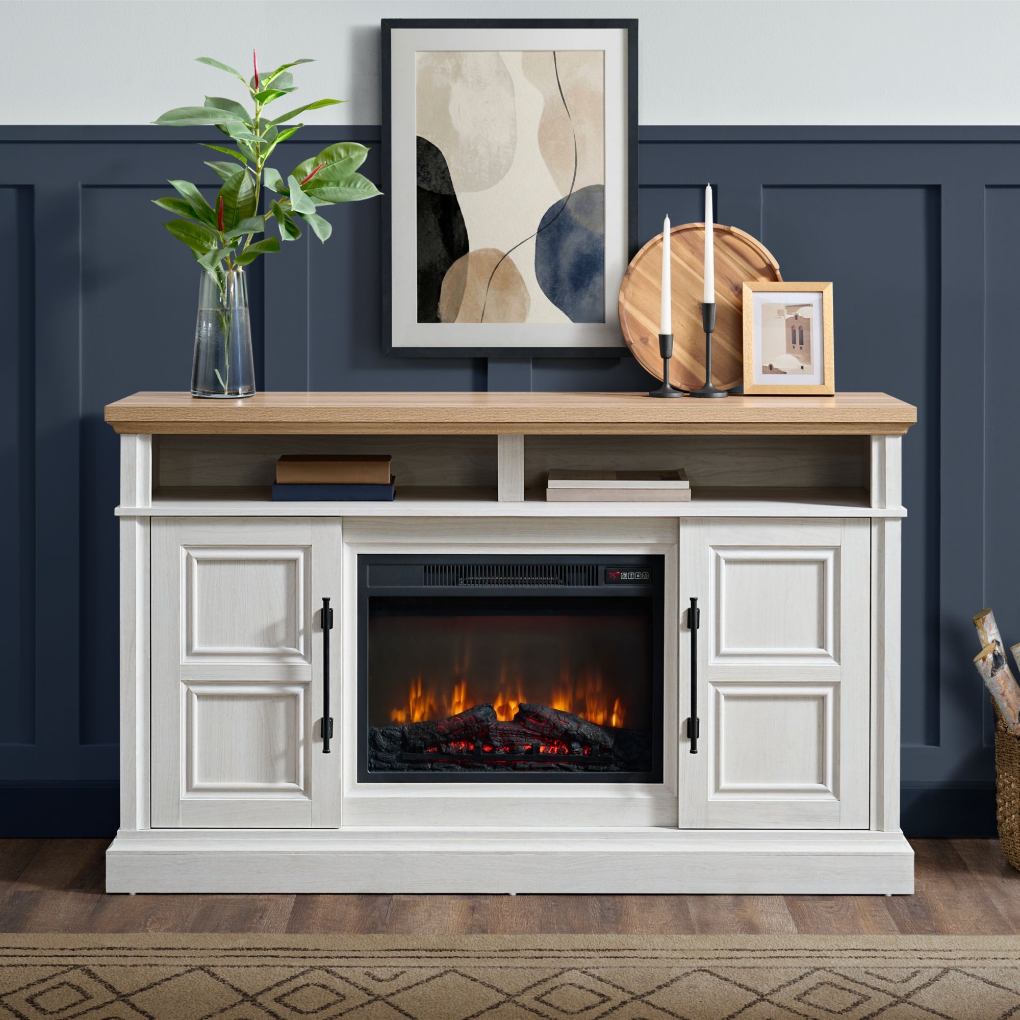 Villa - Console With 23" Fireplace Insert - White & Natural - Stylish Home Furniture