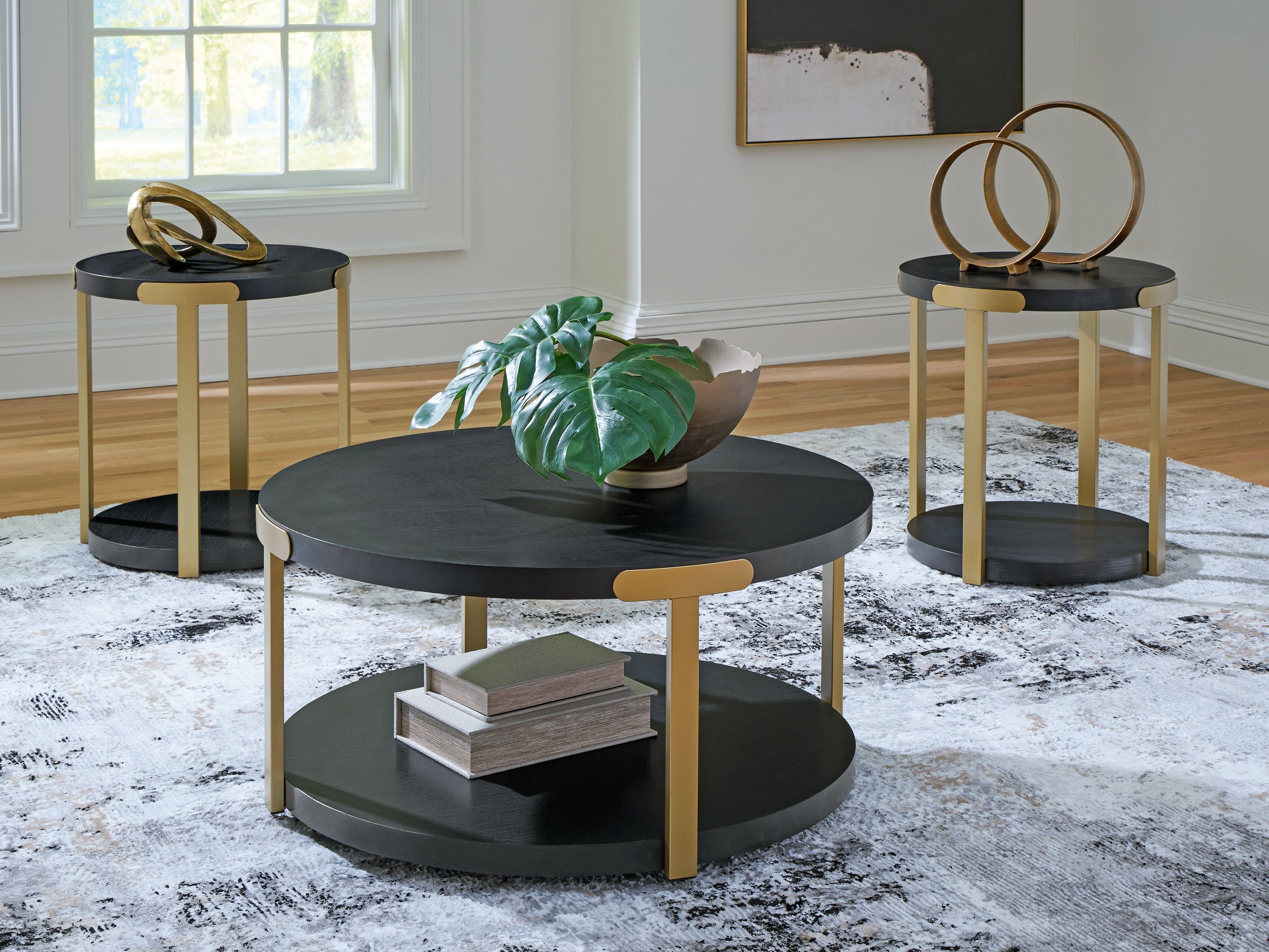 Shylore - Occasional Table Set (Set of 3) - Black / Brass Finish - Stylish Home Furniture