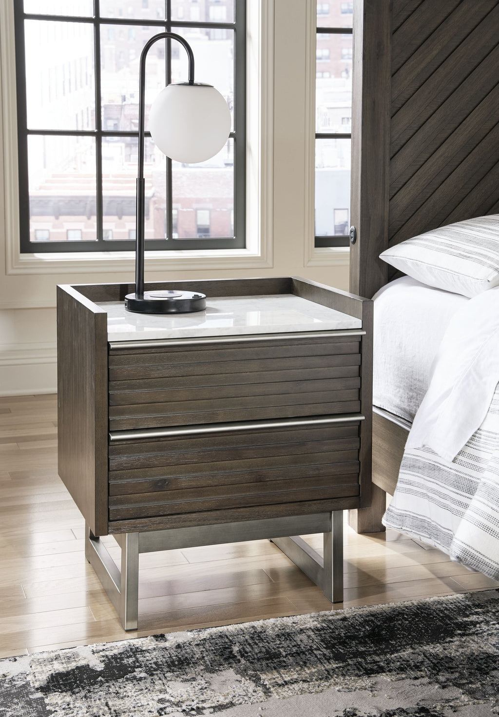 Arkenton - Two Drawer Night Stand - Grayish Brown / White - Stylish Home Furniture