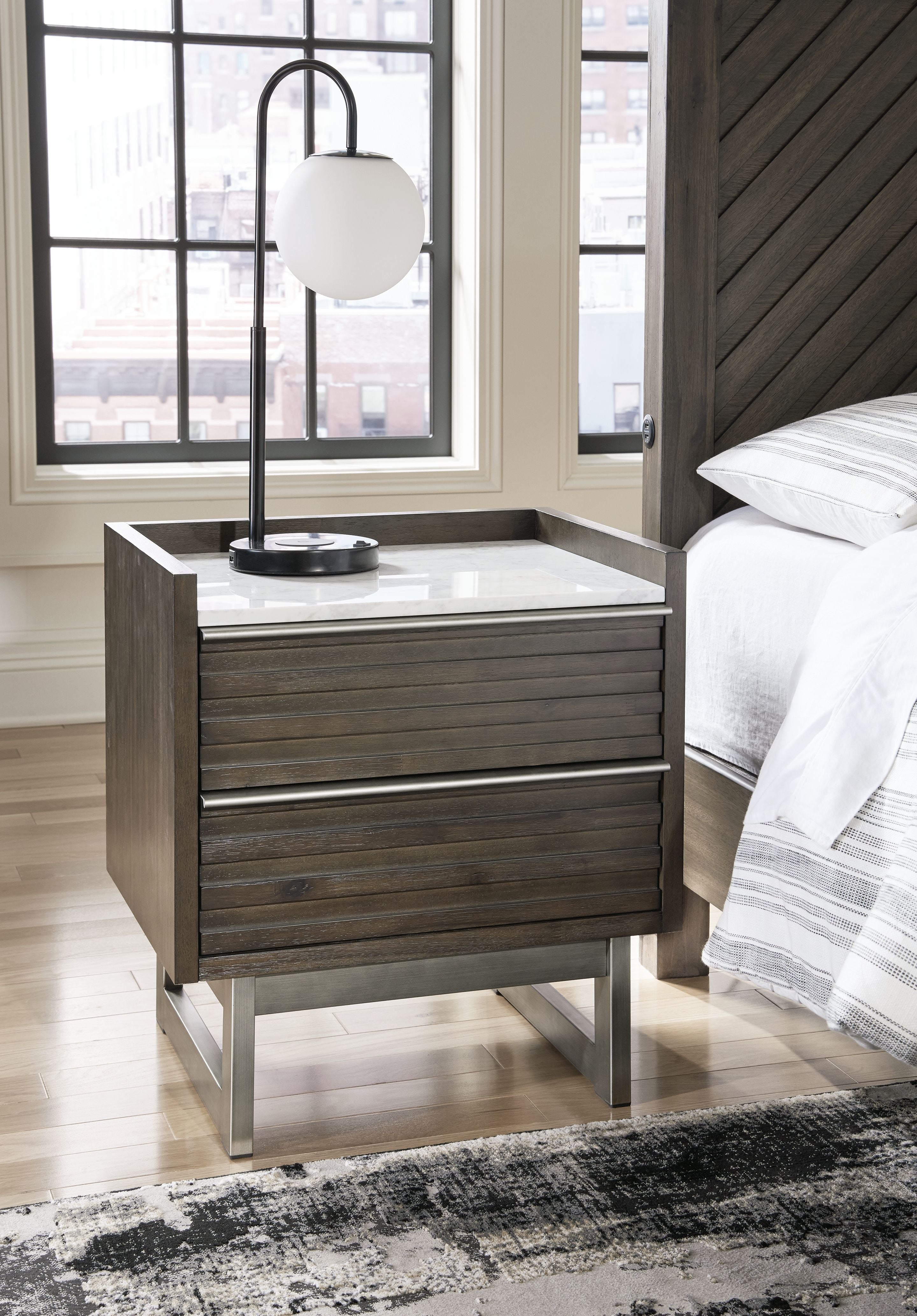 Arkenton - Two Drawer Night Stand - Grayish Brown / White - Stylish Home Furniture