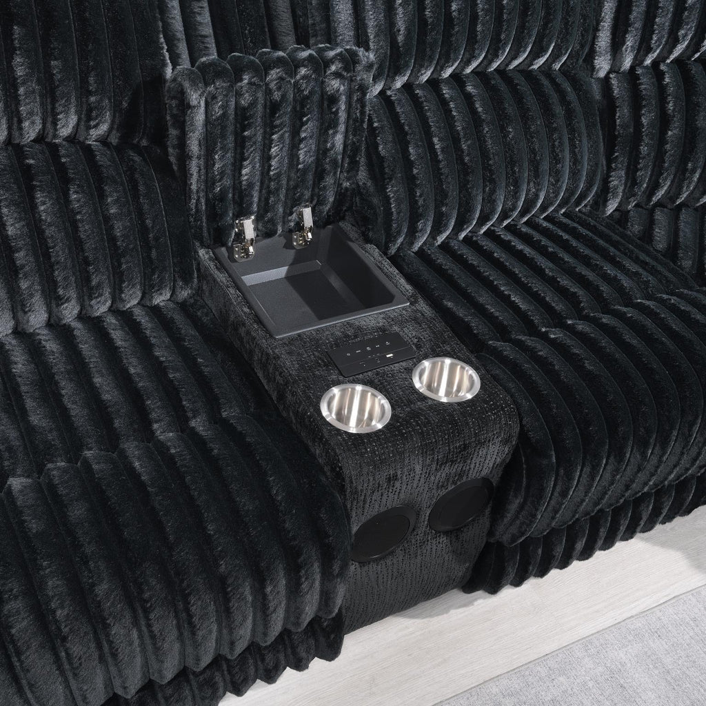 U60 - Corduroy Power 3 Piece Sectional With Bluetooth Speaker, And Wireless Charger - Black - Stylish Home Furniture