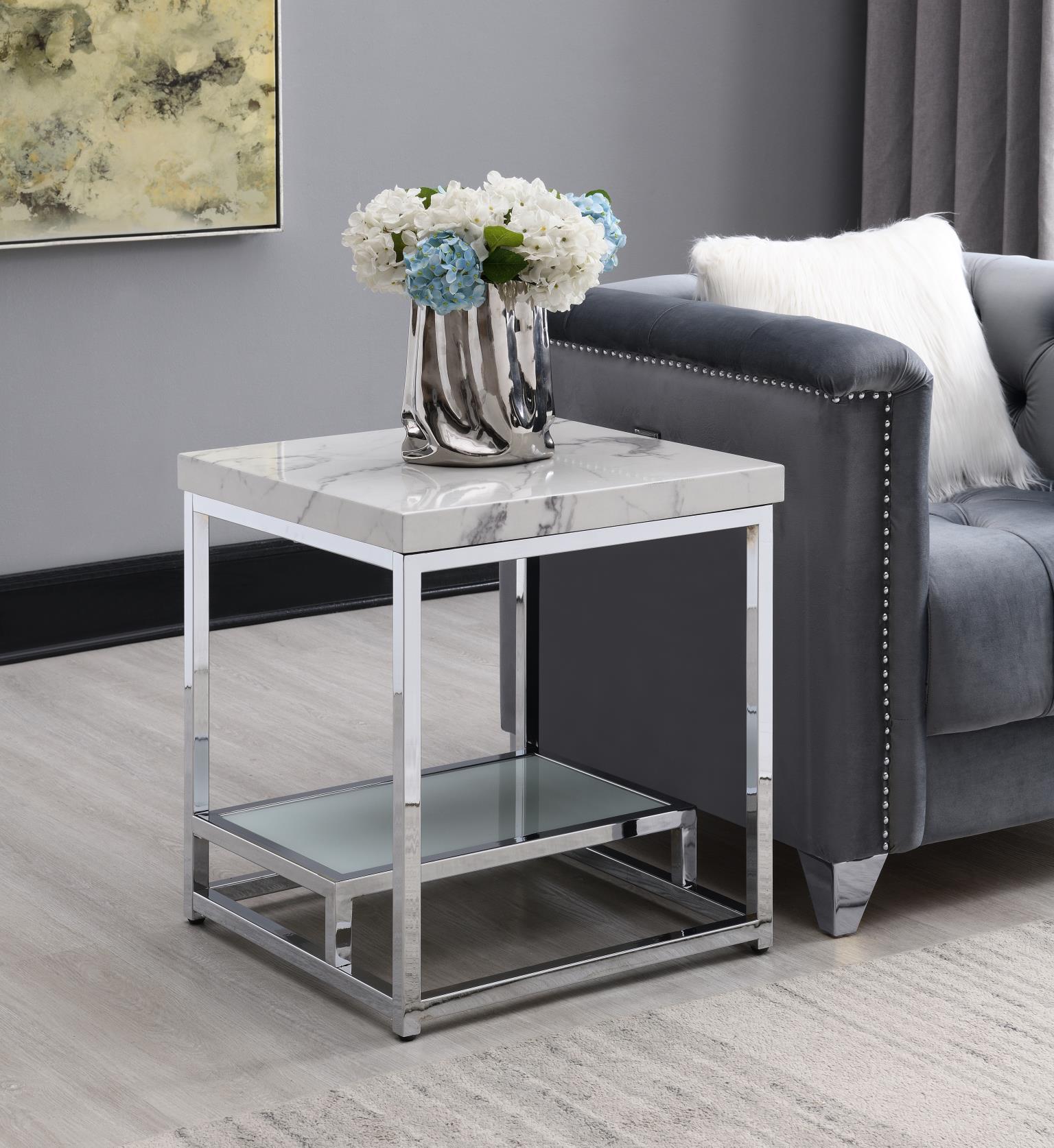 T111 - Chrome Coffee Table & 2 End Tables - White - Stylish Home Furniture