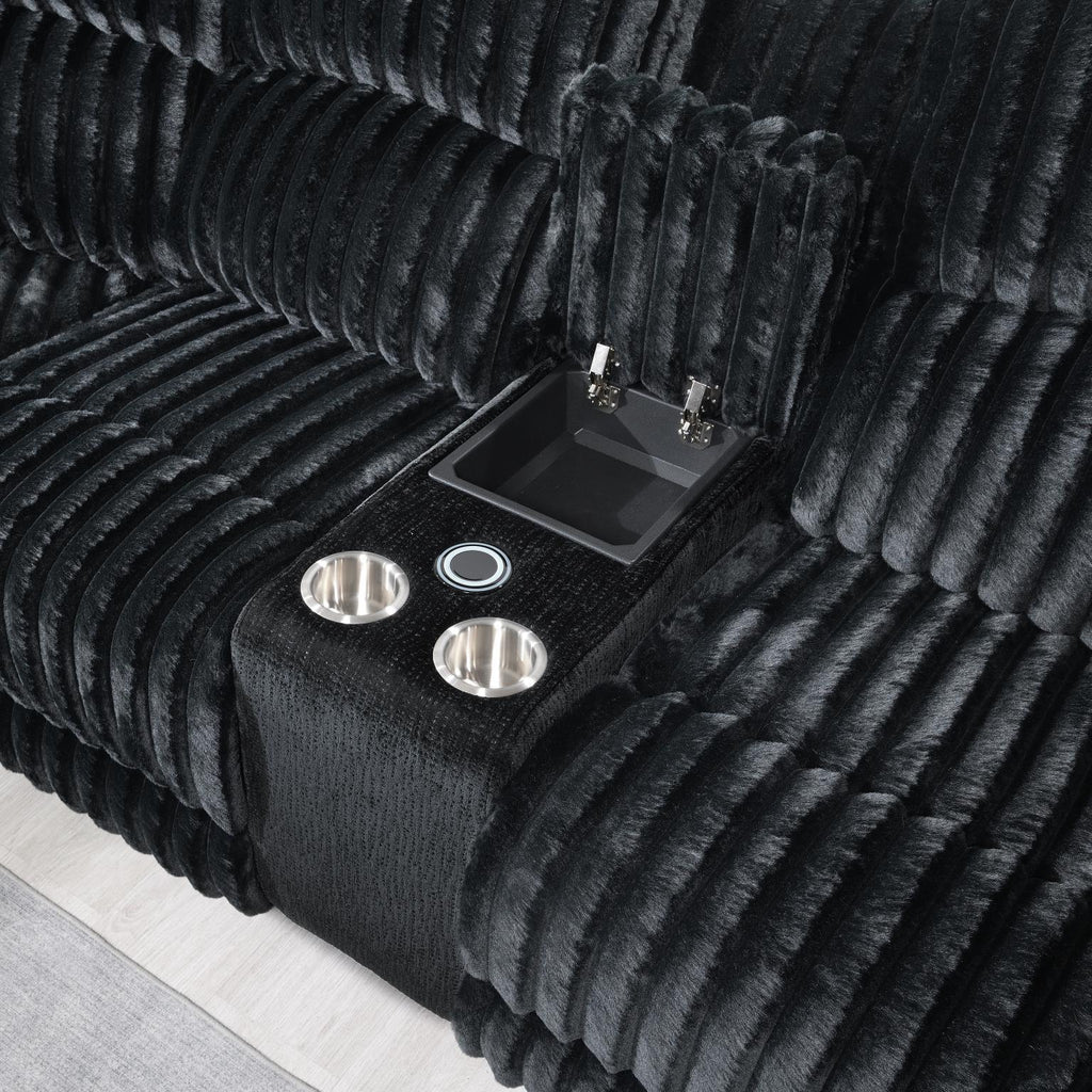 U60 - Corduroy Power 3 Piece Sectional With Bluetooth Speaker, And Wireless Charger - Black - Stylish Home Furniture