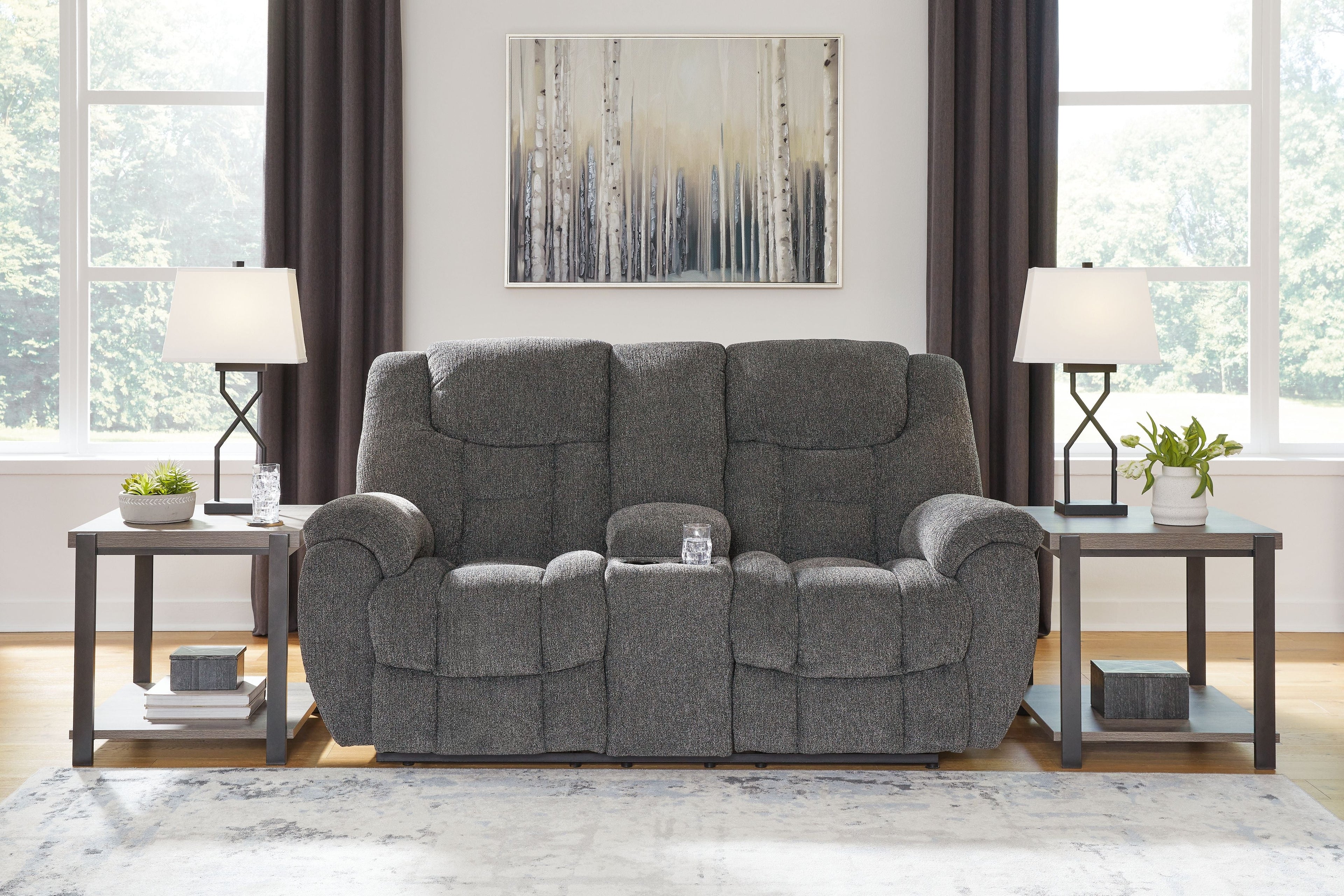 Foreside - Dbl Reclining Loveseat with Console - Charcoal - Stylish Home Furniture