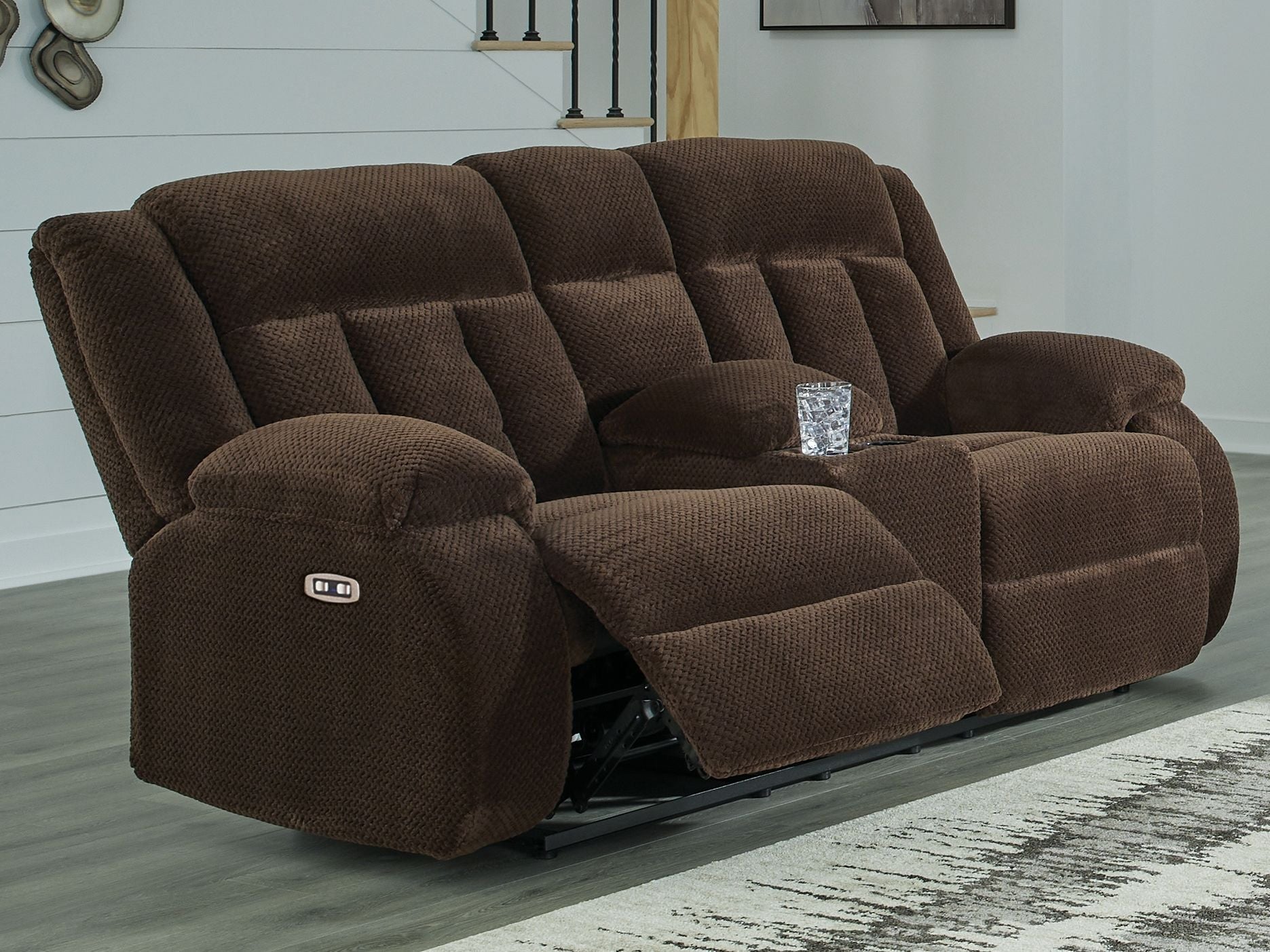 Free Wake - Double Relcining Power Loveseat With Console - Chocolate - Stylish Home Furniture