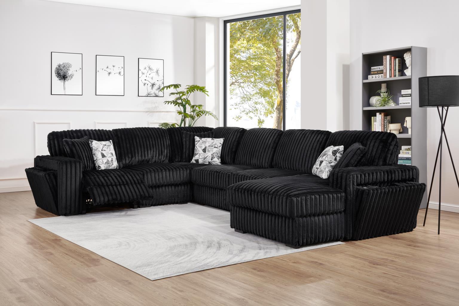 U259 - Corduroy Power Reclining 4 Piece Sectional With 2 Wireless Charger - Black - Stylish Home Furniture