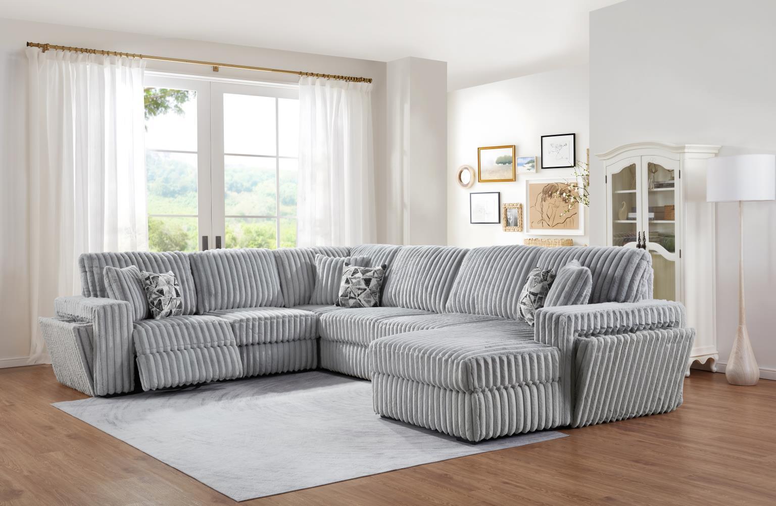 U260 - Corduroy Power Reclining 4 Piece Sectional With 2 Wireless Charger - Gray - Stylish Home Furniture