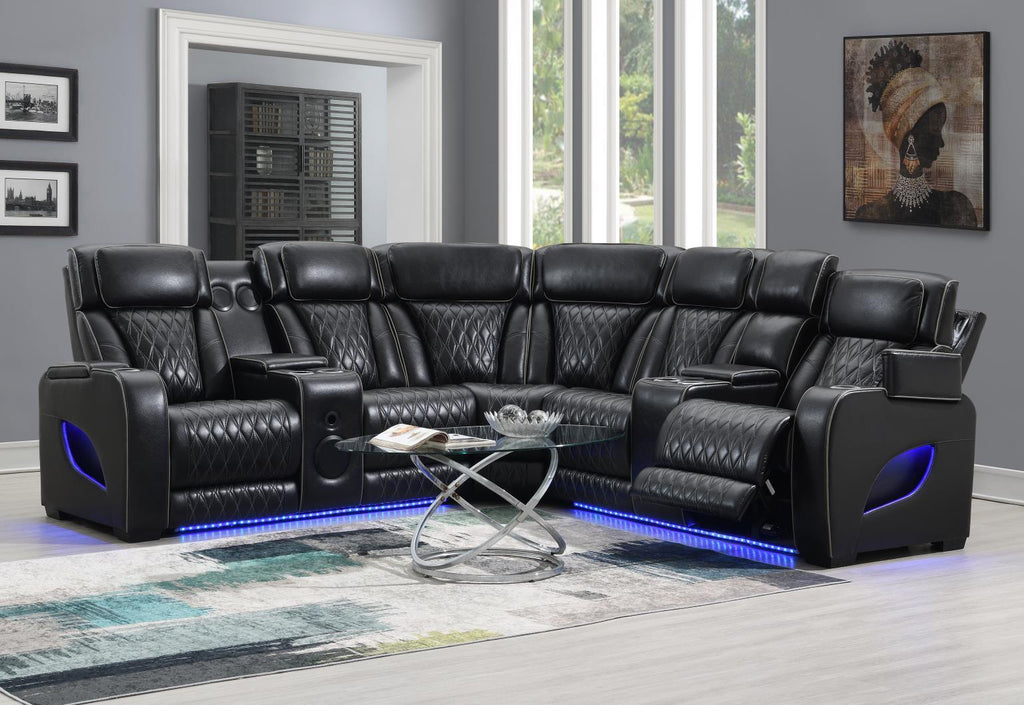 U10 - 3 Piece Power LED Sectional, Power Headrest, Heat, Massage Wireless Charger, And USB - Black - Stylish Home Furniture