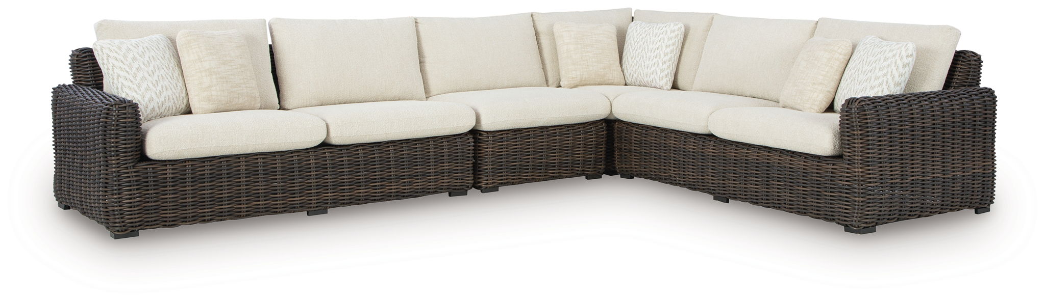 Kimora - 7 Pc. - 4-Piece Outdoor Sectional, Swivel Glider Lounge, Cocktail Table, End Table - Beige / Dark Brown - Stylish Home Furniture