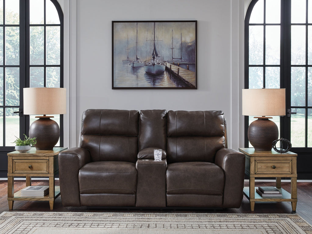 Crossplex - Power Reclining Loveseat / Console / Adjustable Headrest - Smoke - Stylish Home Furniture