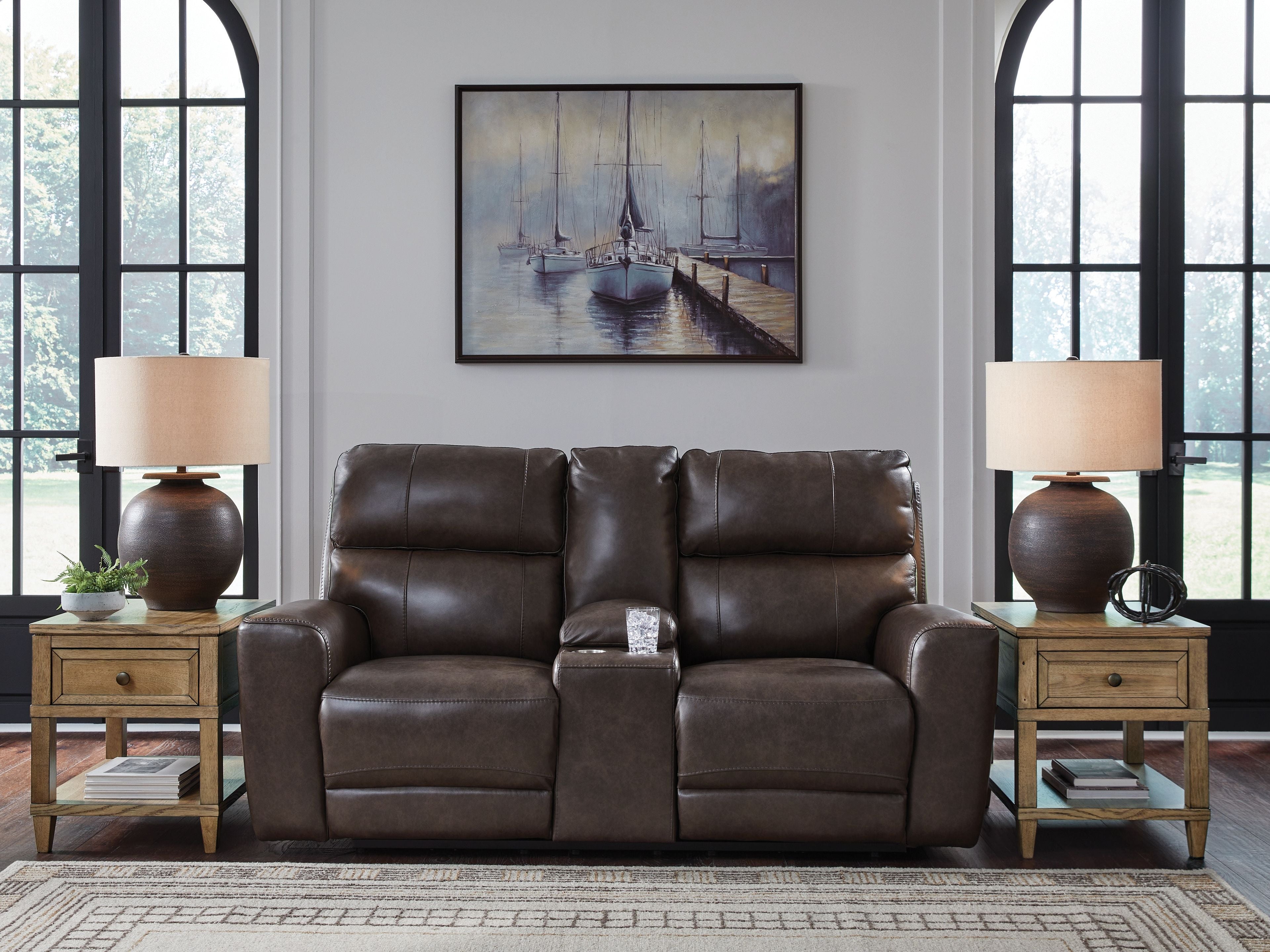 Crossplex - Power Reclining Loveseat / Console / Adjustable Headrest - Smoke - Stylish Home Furniture